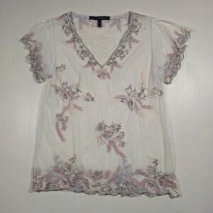 Women's Sheer Embroidered Mesh Blouse Ivory Pink Silver Flutter Sleeve V Neck S